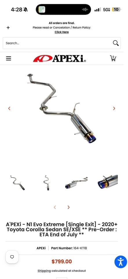 APEXi NI Evo Extreme Exhaust for 2020+ Toyota Corolla Sedan SE/XSE