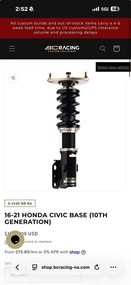 BC Racing BR Series Coilover Set for 2016-2021 Honda Civic (Non-Si Models)